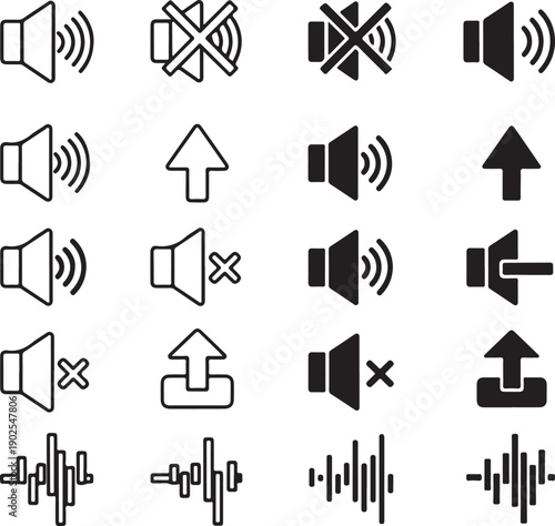 collection of icons representing various audio and volume control functions isolated on white background, illustration