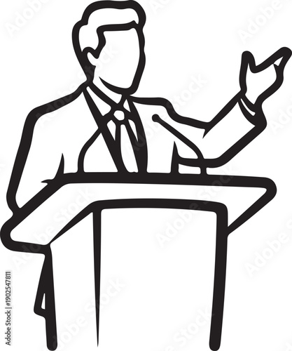 Speaker at Podium Hand Drawn Icon Vector. Public Speech Line Art