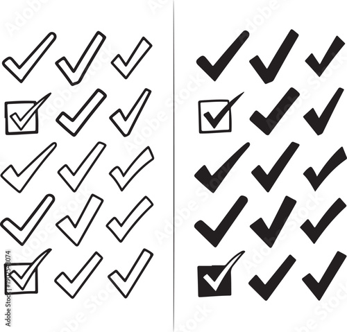 A comparison of check marks in various styles and thicknesses isolated on white background, illustration
