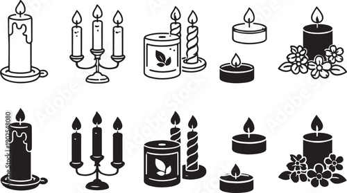 Assorted candles in various styles and containers displayed in a grid layout isolated on white background, illustration