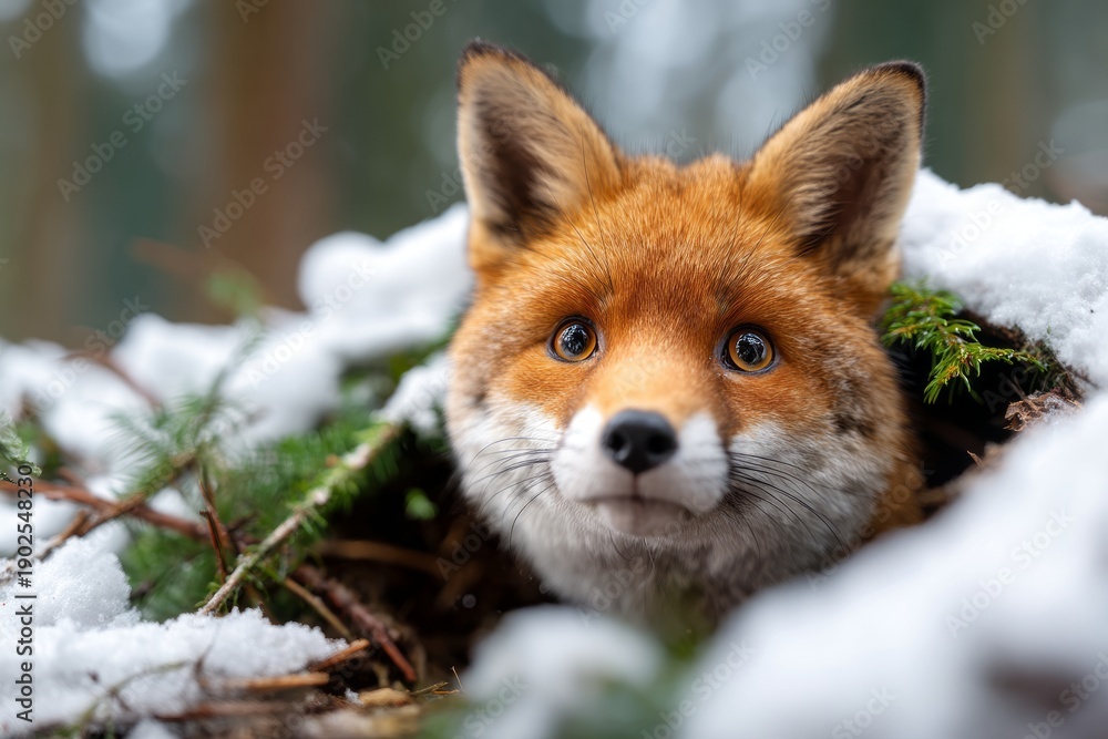 Fototapeta premium Fox Relaxing in Its Den in a Snowy Forest Surrounded by Dense Trees