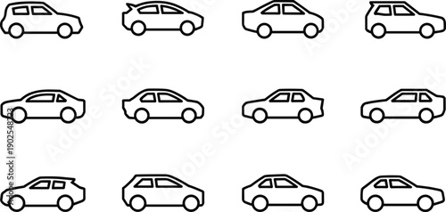 Car outline icon set, side view vehicle symbols, different automobile body styles, black transport illustrations, isolated on white background