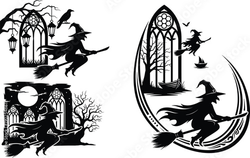Halloween witch flying silhouette gothic window moon graveyard tree lantern crow spooky night vector illustration collection set bundle