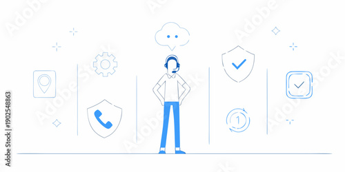 Customer support illustration featuring a headset and security symbols