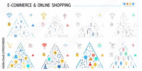 E commerce and online shopping illustrated with geometric shapes and icons