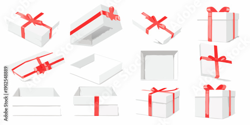 Isometric white gift boxes with red ribbons in various perspectives