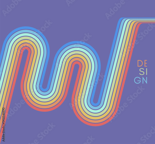 A retro 1970s-style background. Colorful lines. Abstract, dynamic curved ribbons. A serpentine curve of a race track. Designed for posters or banners for sports competitions. Vector illustration.
