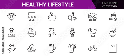 Healthy lifestyle icon set. Contains Icons for diet, exercise, sleep, running, routine, gym, nutrition, cardio exercises, sports supplements, yoga, self-care, culture, and hobbies.