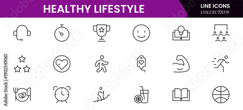 Healthy lifestyle icon set. Contains Icons for diet, exercise, sleep, running, routine, gym, nutrition, cardio exercises, sports supplements, yoga, self-care, culture, and hobbies.