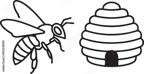 Black and White Bee and Beehive Line Art Vector Icon Illustration