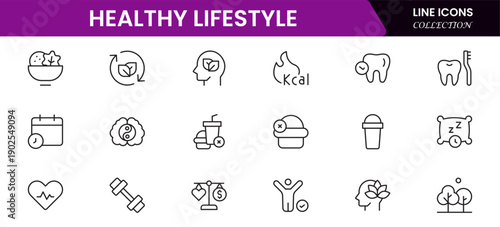 Healthy lifestyle icon set. Contains Icons for diet, exercise, sleep, running, routine, gym, nutrition, cardio exercises, sports supplements, yoga, self-care, culture, and hobbies.