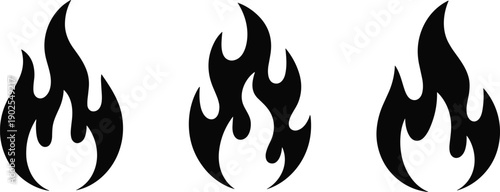 Black flame icon set, fire symbols collection, minimal heat icons, burning flame shapes, energy danger signs, isolated on white