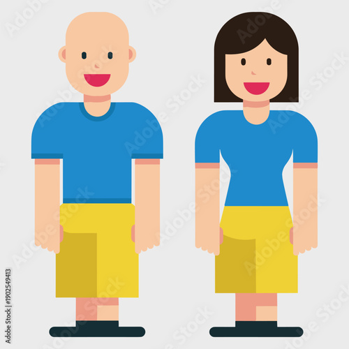 Smiling cartoon man and woman in casual summer clothing standing together