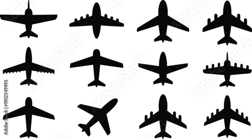 Black airplane icons set, top view aircraft silhouettes, aviation transport symbols, flight travel graphics, minimal plane collection