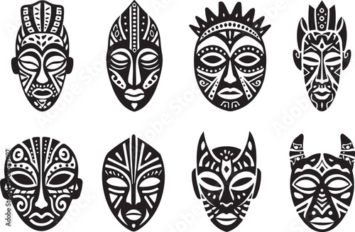 A collection of eight distinct tribal masks showcasing various intricate designs and patterns isolated on white background, illustration