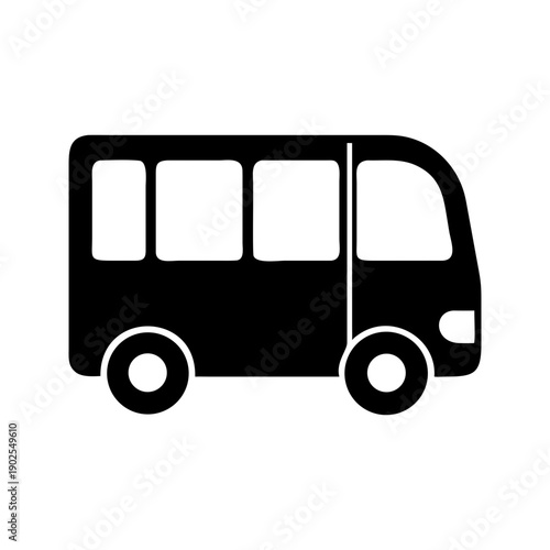 Simple black and white illustration of a bus with large windows