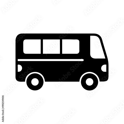 A simple black silhouette of a bus on a white background is depicted.