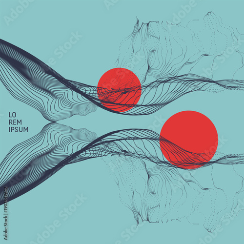 Water splash imitation. Dynamics particles. Abstract background. Dynamic emitted particles. Grid. 3D illustration for brochure, poster, cover, presentation, flyer or banner.