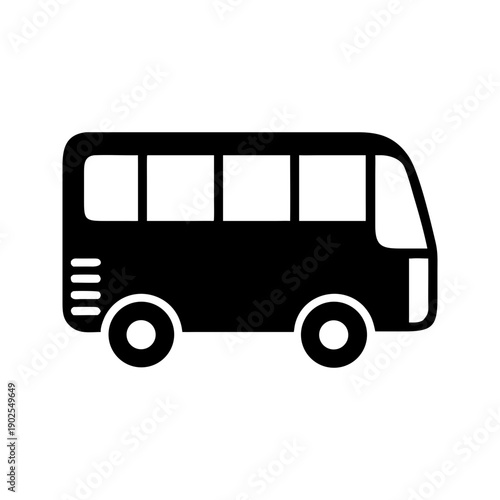 A simple black and white graphic of a bus viewed from the side.