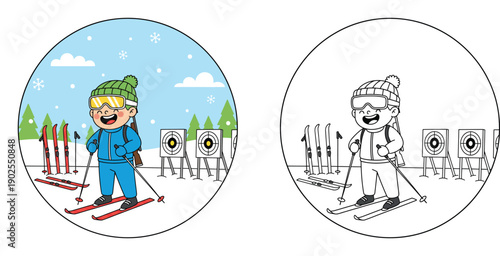 Happy boy biathlete with skis and rifle at shooting range, colored and outline version for coloring book, winter sport vector