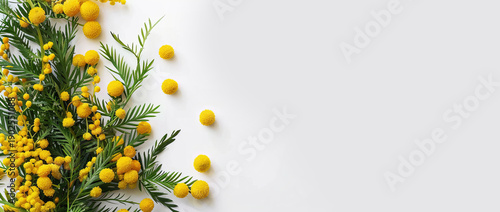 The wreath features yellow mimosa flowers and green foliage on a white background. It showcases natural beauty for decorating spaces or events