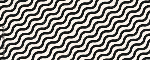 Simple vector seamless pattern with horizontal wavy lines, bold stripes, liquid shapes. Black and white abstract waves texture. Monochrome background. Repeated geo design for print, decor, embossing