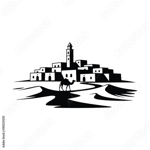 A striking black and white illustration depicts a hilltop village with a lighthouse a camel and stylized desert landscapes high-quality.