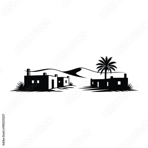 A stark black and white illustration depicts a coastal village nestled against rolling hills and a solitary palm tree high-quality.