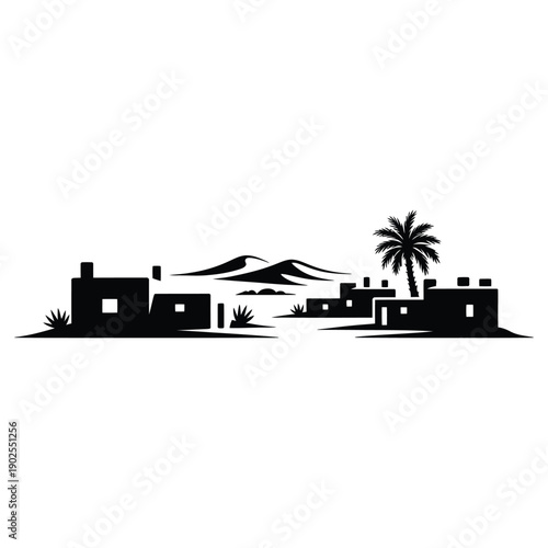 A stark black and white illustration depicts a coastal village nestled against rolling hills and a solitary palm tree high-quality.
