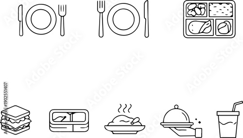 Meal types, plates, and food icons.
