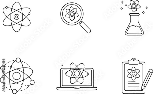 Science, atoms, experiments and research icons.
