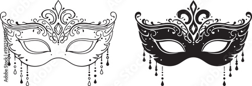 Two intricate and elegant masquerade masks with ornate designs and embellishments isolated on white background, illustration