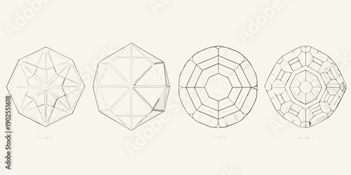 Geometric illustrations of faceted gemstones in varying shapes and orientations