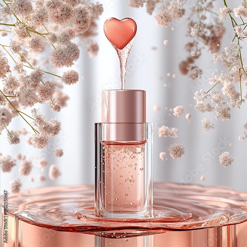 Elegant lip serum bottle with heart applicator, premium cosmetic isolated on white background
