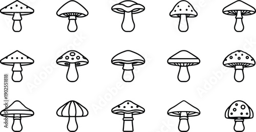 Minimalist Mushroom Icons in Outline Style: A Simple Vector Collection of Various Fungi Shapes for Decorative and Informational Use