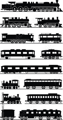 Fototapeta Collection of vintage steam locomotive silhouettes and classic railway train car