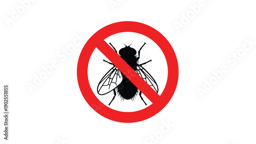 Prohibited sign illustration featuring a fly silhouette inside a red circle with a diagonal slash, representing pest control and hygiene.