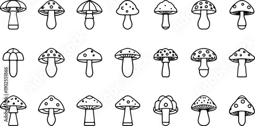 Doodle Mushroom Icons: A Hand-Drawn Black and White Set of Various Fungi for Creative Projects and Nature-Themed Designs