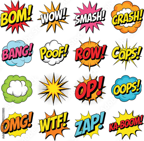 Colorful comic book sound effects collection featuring pop art speech bubbles with boom bang zap wow smash crash expressions for retro superhero design projects