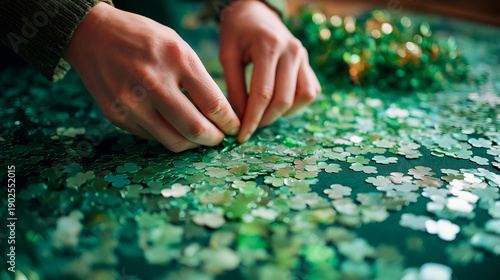 Hands arranging shamrock confetti across green tablecloth, party preparation, close-up hands detail, soft natural light, lifestyle style, st patricks table setting, festive decorations