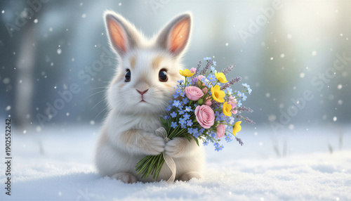 Wallpaper Mural Cute white rabbit holding a colorful bouquet of flowers in snow   Torontodigital.ca