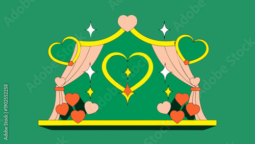 Vibrant heart shaped stage with sparkling decorations and curtains