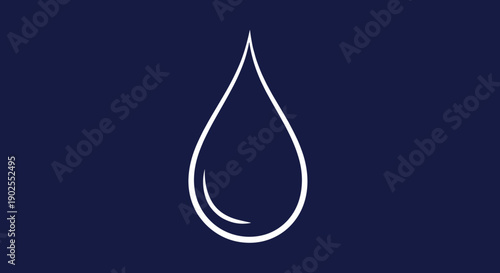 Simple White Water Droplet Icon on Dark Blue Background.