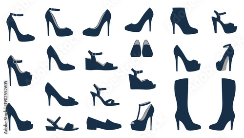 Collection of women shoe silhouettes including high heels sandals wedges and boots for fashion design and shopping concepts.