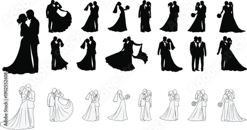Elegant wedding couple silhouettes and line art illustrations showing romantic bride and groom dancing poses, marriage celebration concepts, love moments, and formal event graphics set