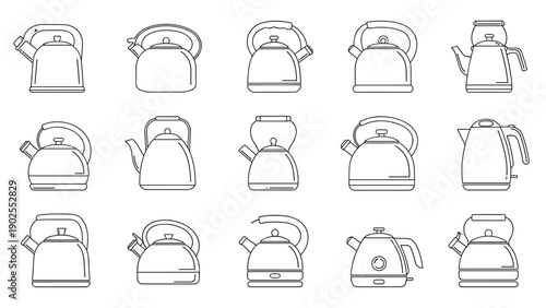 Detailed line art collection of various kitchen tea kettles and modern electric water boilers for home appliance design needs.