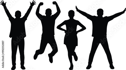 Group of energetic people silhouettes jumping and celebrating success isolated on white background representing teamwork happiness freedom motivation lifestyle diversity unity joy