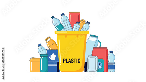Yellow recycling bin overflowing with various plastic bottles and containers to promote environmental awareness and waste management.