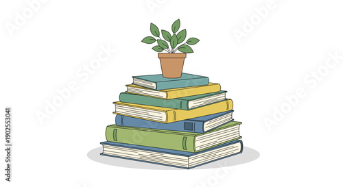 Stack of books with a potted plant on top.