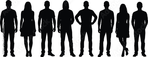 Group of human silhouettes standing in a row representing diverse people, teamwork, unity, leadership, business professionals, social community, gender equality, and anonymous crowd concept
